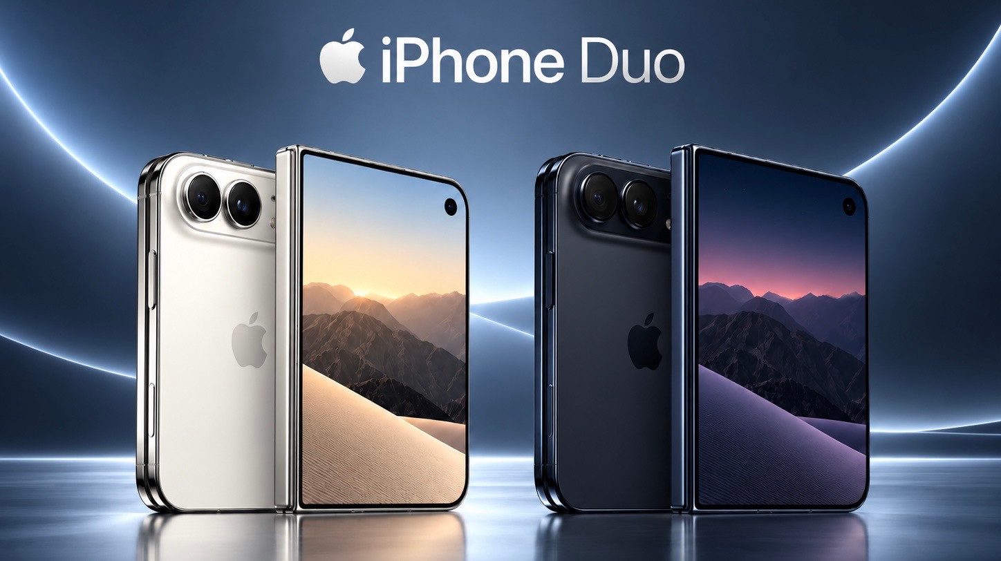 iPhone Duo artwork showing two folding phones on a blue background