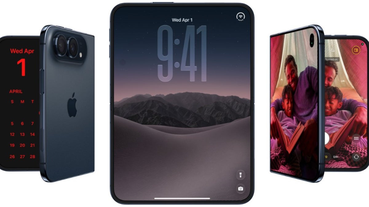 Folding phone artwork showing the front, back and open display